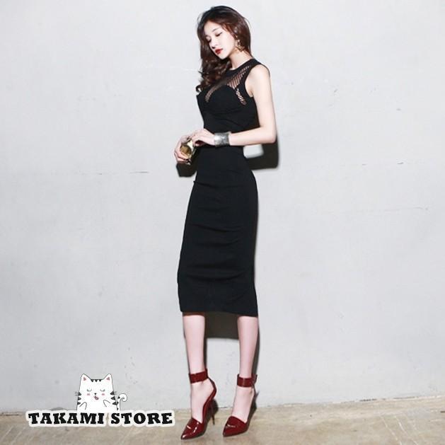 メッシュ 切り替え タイト ドレス ワンピース ノースリーブ ハイ