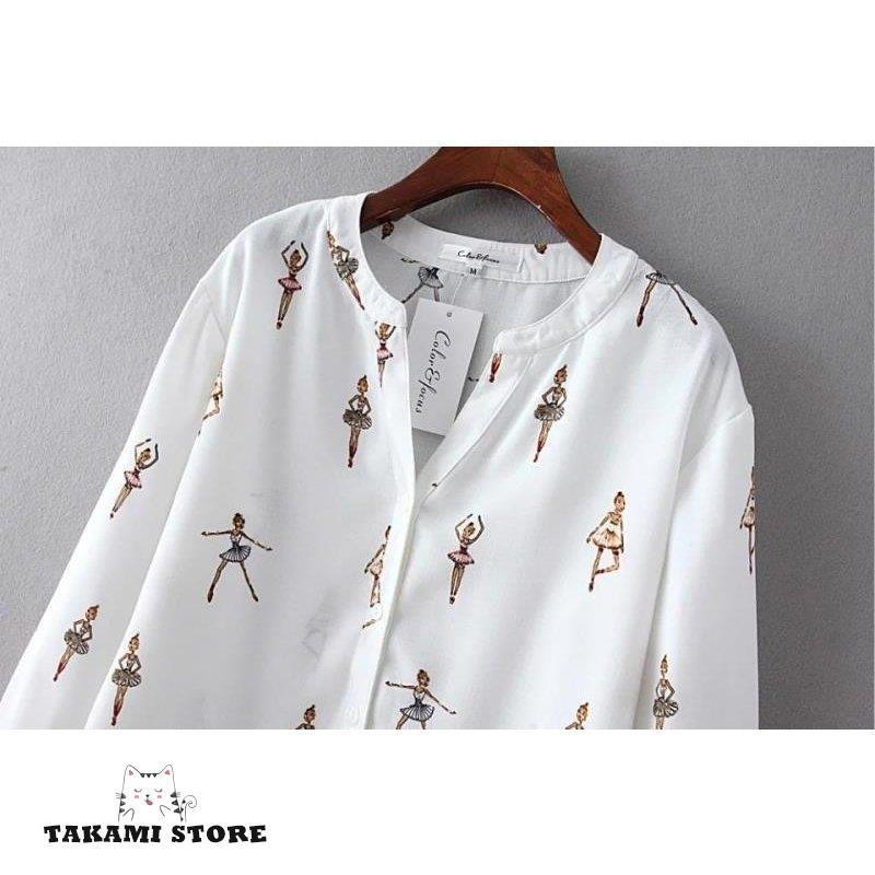 送料無料】バレリーナ柄 ブラウス Vネック シャツ 長袖 大きいサイズ