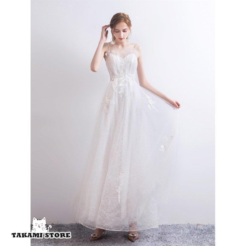 ウエディングドレス スレンダー ロングドレス 結婚式 花嫁 ドレス ウェディングドレス 二次会 キャミソールドレス ノースリーブ レース フリル 小さいサイズ