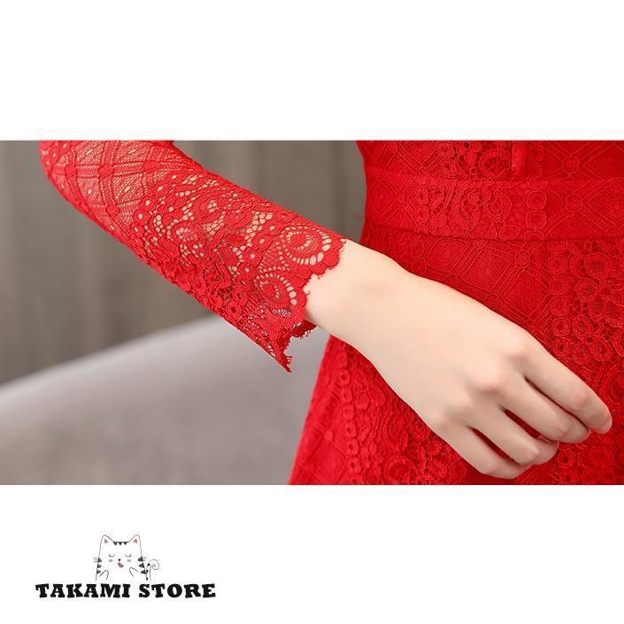 結婚式 お呼ばれ パーティードレス 20代 30代 40代 50代 総レース 大きいサイズ 3L 袖あり 長袖 黒 赤 ドレス ワンピース フォーマル ミモレ丈 スタンドカラー_14