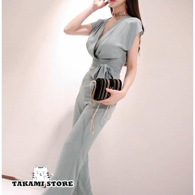 かっこいいパンツドレス パーティードレス パンツ セパレート 結婚式 セットアップ パンツドレス 大きいサイズ 袖あり ウエストリボン カシュクール_3