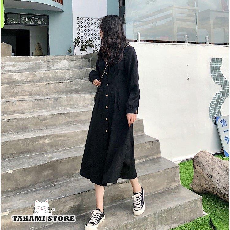 黒 ワンピース ロング フロントボタン 長袖 カジュアル ミモレ丈 春 秋