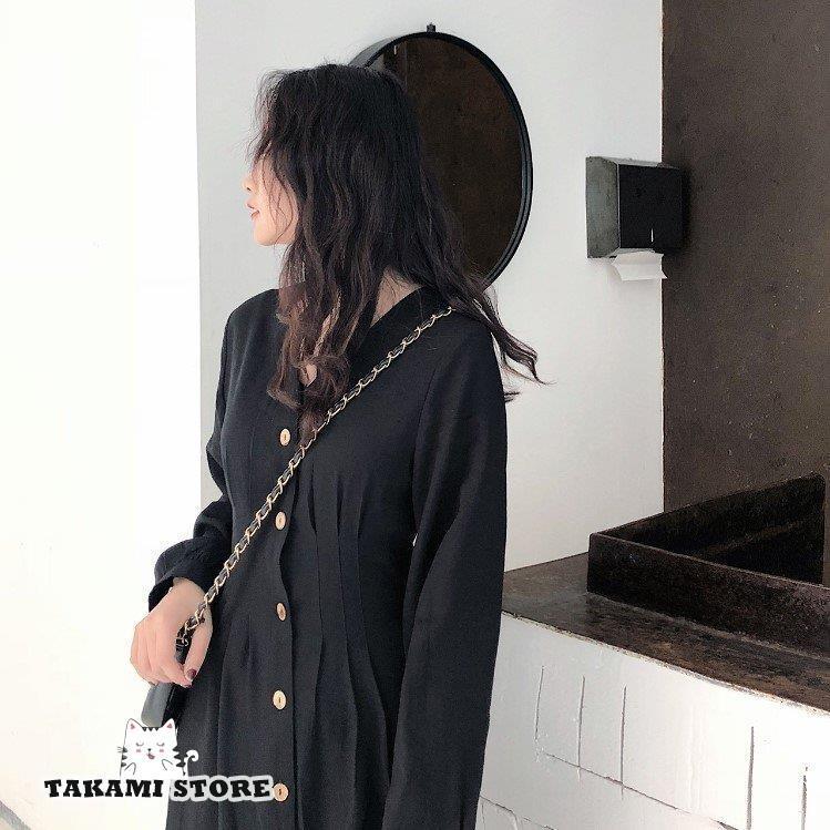 黒 ワンピース ロング フロントボタン 長袖 カジュアル ミモレ丈