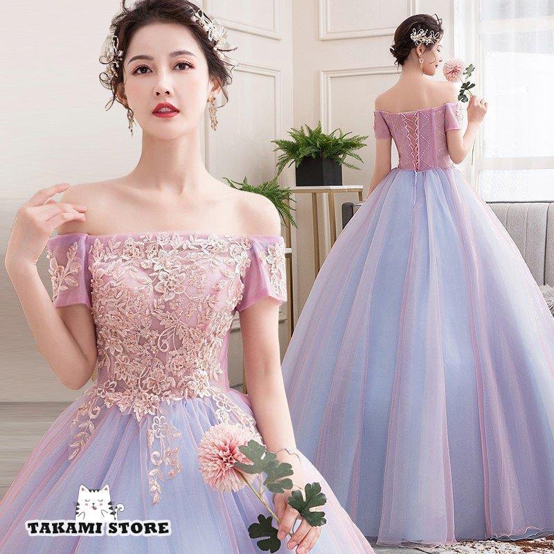 ウエディングドレス カラードレス 二次会 花嫁 ロングドレス 大きいサイズ 3L オフショルダー 袖あり 半袖 レース プリンセスライン マキシ丈 チュール 刺繍