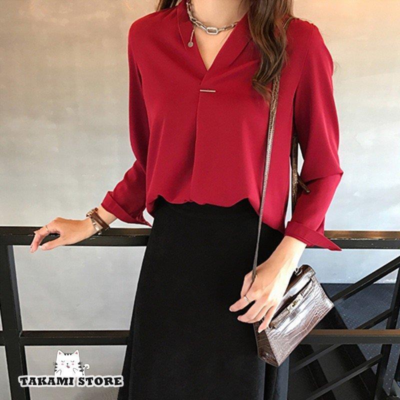シフォン ブラウス 長袖 Vネック オフィス 大きいサイズ 3L 4L 5L