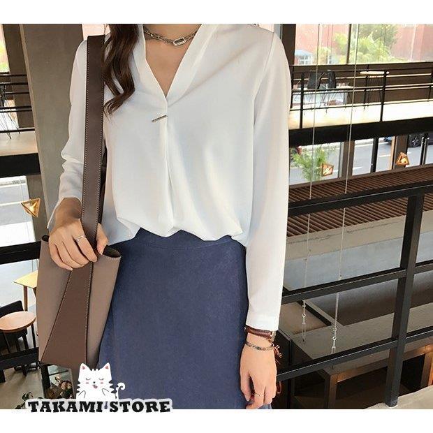 シフォン ブラウス 長袖 Vネック オフィス 大きいサイズ 3L 4L 5L