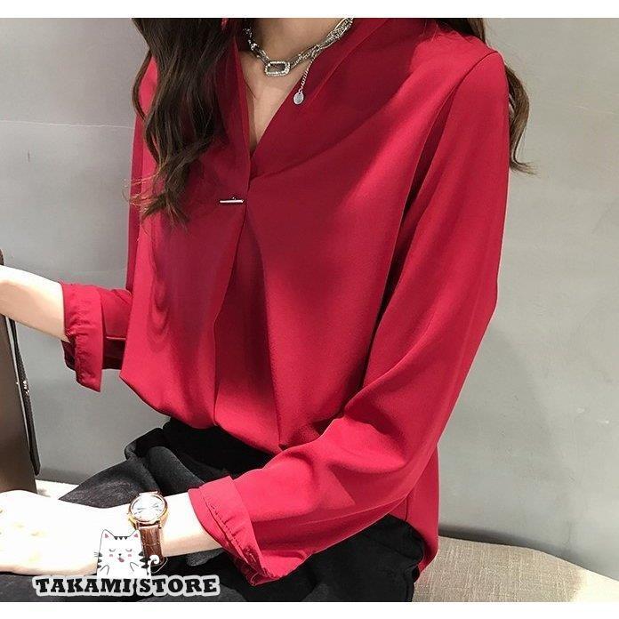 シフォン ブラウス 長袖 Vネック オフィス 大きいサイズ 3L 4L 5L