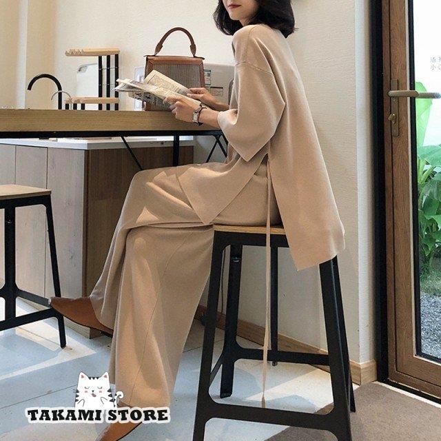 ニット セットアップ レディース 春 秋 冬 ニットパンツ ワイド