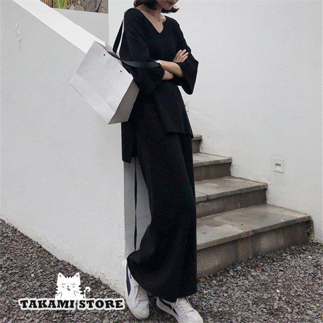 ニット セットアップ レディース 春 秋 冬 ニットパンツ ワイドパンツ