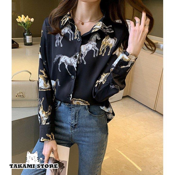 柄シャツ アニマル柄トップス 襟付き シャツ ブラウス レディース 長袖