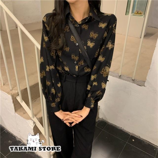 MFE 総柄 コットン 長袖シャツ 柄シャツ トップス 花柄 ブラック 黒 LL シャツブラウス トップス レディース 柄シャツ 長袖 黒 襟付き