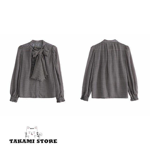 ボウタイブラウス シャツ ブラウス トップス レディース 長袖 千鳥格子
