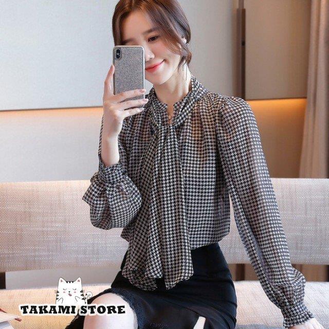 ボウタイブラウス シャツ ブラウス トップス レディース 長袖 千鳥格子