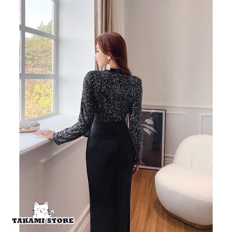 黒 スパンコール お呼ばれドレス AIMER ドレス スパンコールフラワー刺繍ロングスリーブ