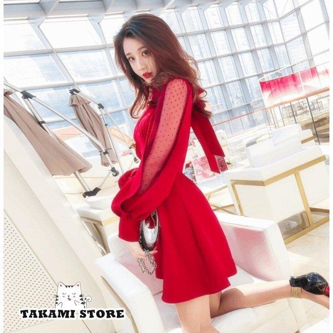 パーティードレス 結婚式 お呼ばれドレス ワンピースドレス ワンピースドレス 赤 ミニドレス ミニワンピース 長袖 シースルー袖 袖あり 韓国 代 赤 大きいサイズ 韓国 黒 Tkm717 Mf941 タカミストア 30代