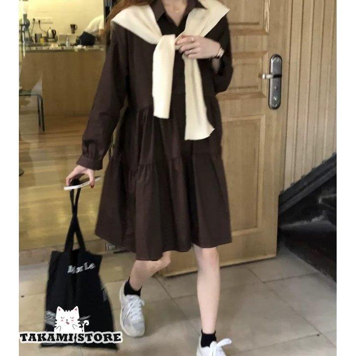 ティアードワンピース 長袖 シャツワンピース 膝丈ワンピース Aライン