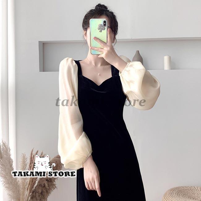 春 夏 ベロアワンピース レディース ロングワンピ 長袖 春 ワンピース レトロ バルーンスリーブ ドレス マキシ丈ワンピース バーティー 結婚式 宴会 | ブランド登録なし