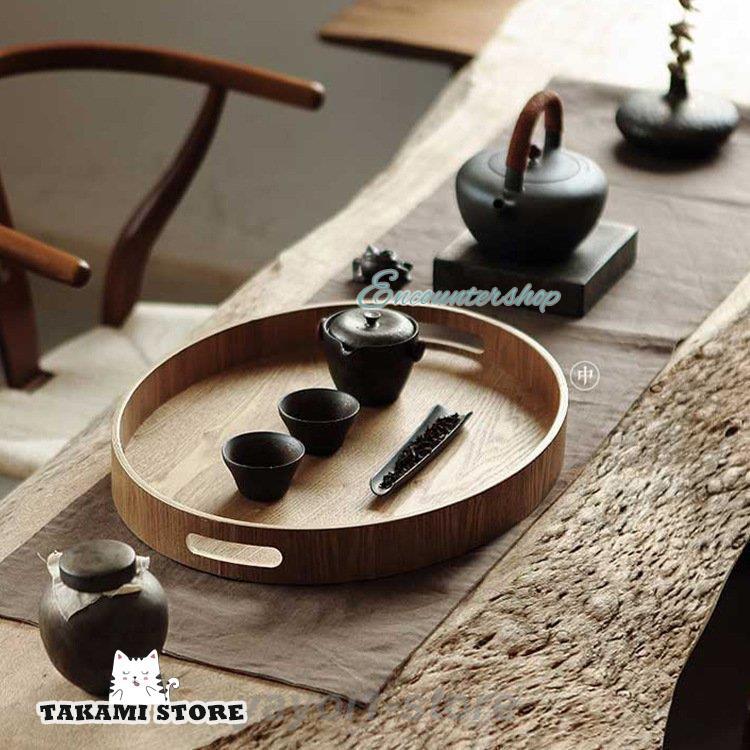 取っ手付 トレイ トレー 木製 天然木製 お盆 丸型 丸盆 食事トレー