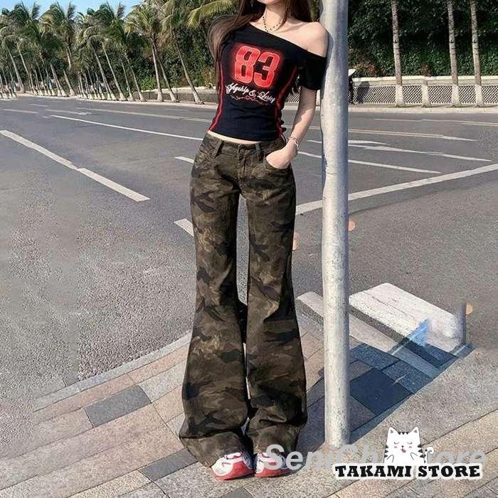 迷彩パンツ レディース フレアデニム ブーツカット ベルボトム