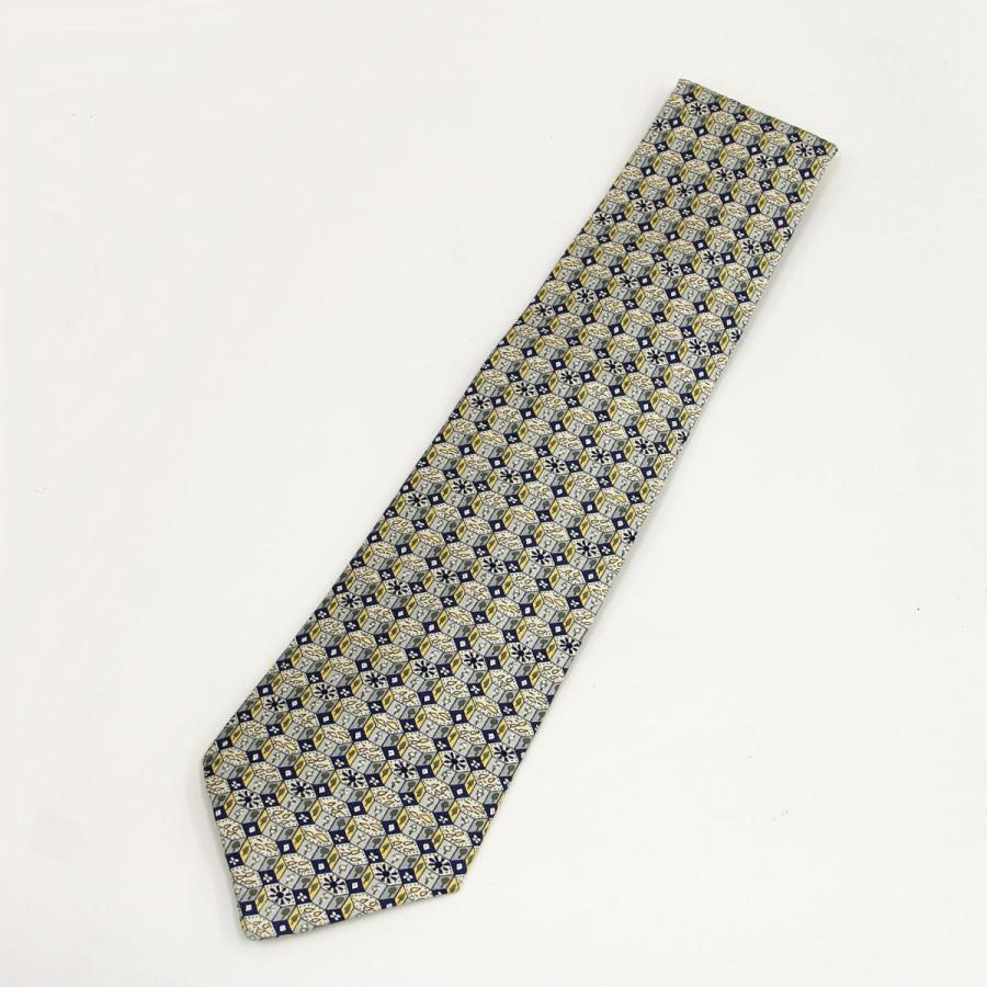 HERMES HERMES エルメス ネクタイ シルク グレー系 ブルー イエロー 未  