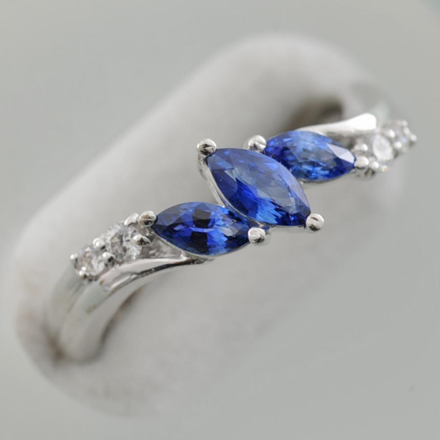 【A27】 K18WG ホワイトゴールド マーキス サファイア 0.57ct ダイヤモンド 0.08ct リング 指輪 中古良品 11号の画像