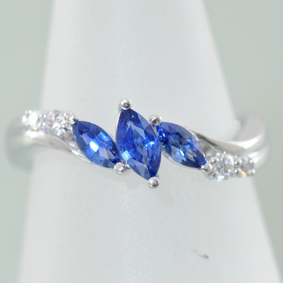 【A27】 K18WG ホワイトゴールド マーキス サファイア 0.57ct ダイヤモンド 0.08ct リング 指輪 中古良品 11号の画像
