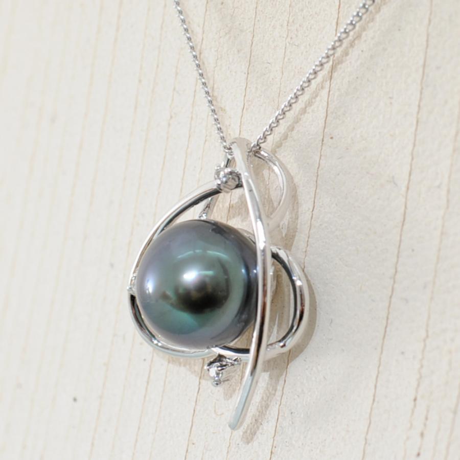 【A41】　K14WG　 ホワイトゴールド　ブラックパール　メレダイヤモンド 0.02ct　ペンダントネックレス　中古品仕上げ済みの画像