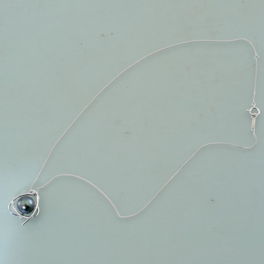 【A41】　K14WG　 ホワイトゴールド　ブラックパール　メレダイヤモンド 0.02ct　ペンダントネックレス　中古品仕上げ済みの画像