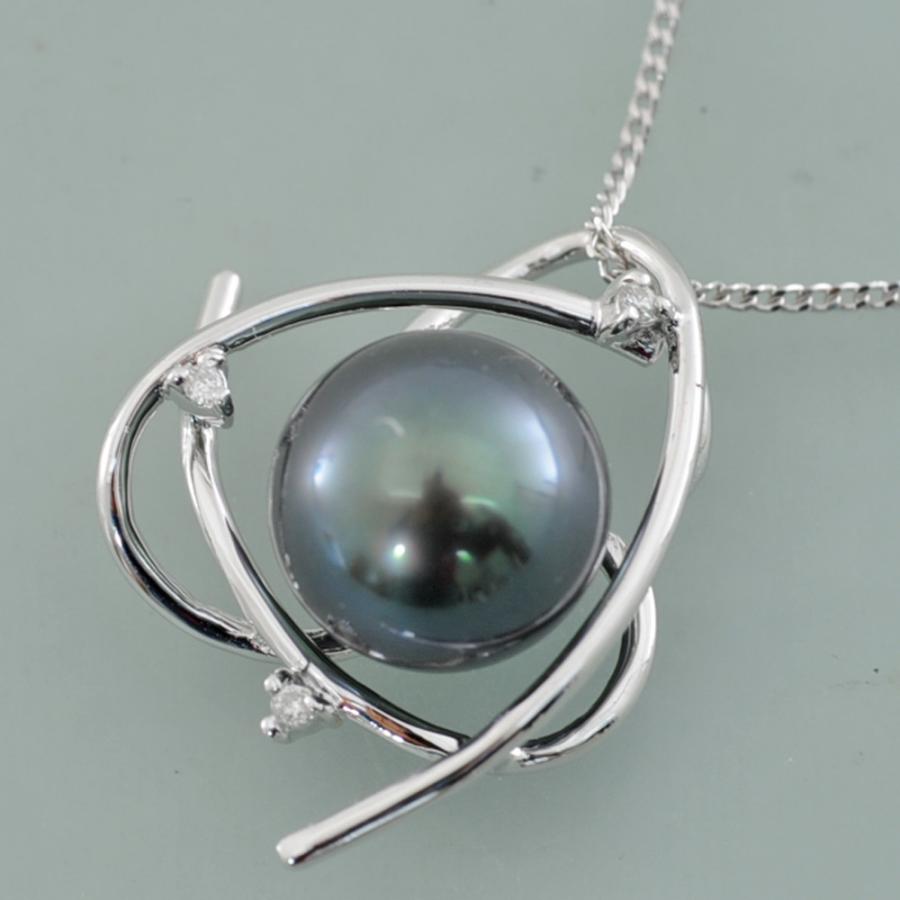 【A41】　K14WG　 ホワイトゴールド　ブラックパール　メレダイヤモンド 0.02ct　ペンダントネックレス　中古品仕上げ済みの画像