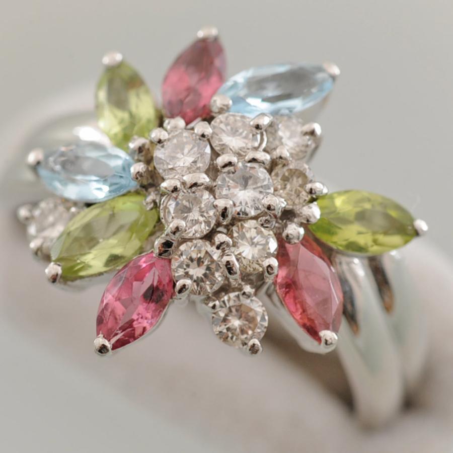 H33】 Pt900 プラチナ ダイヤモンド 0.38ct マルチカラーストーン 花  