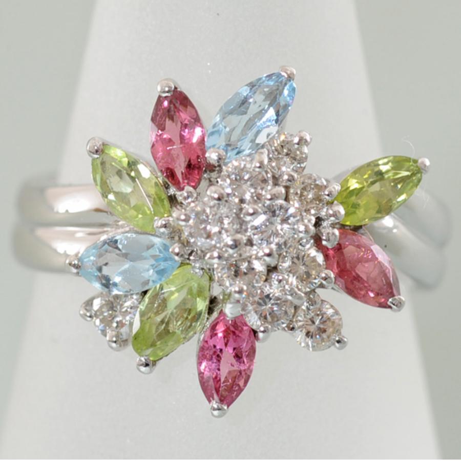 H33】 Pt900 プラチナ ダイヤモンド 0.38ct マルチカラーストーン 花 