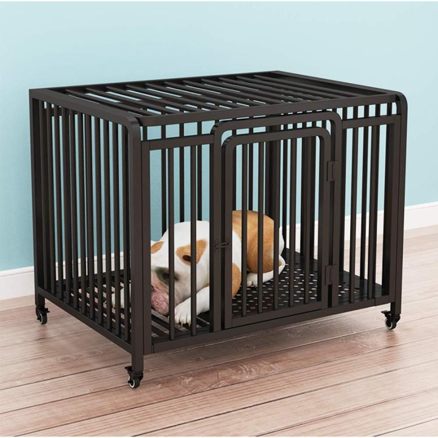 犬用ケージ頑丈な金属製犬用犬小屋のペット用クレートトレイとホイール、肥厚した大型犬用フェンスは、小、中、大規模のペットの掃除が簡単 黒 L