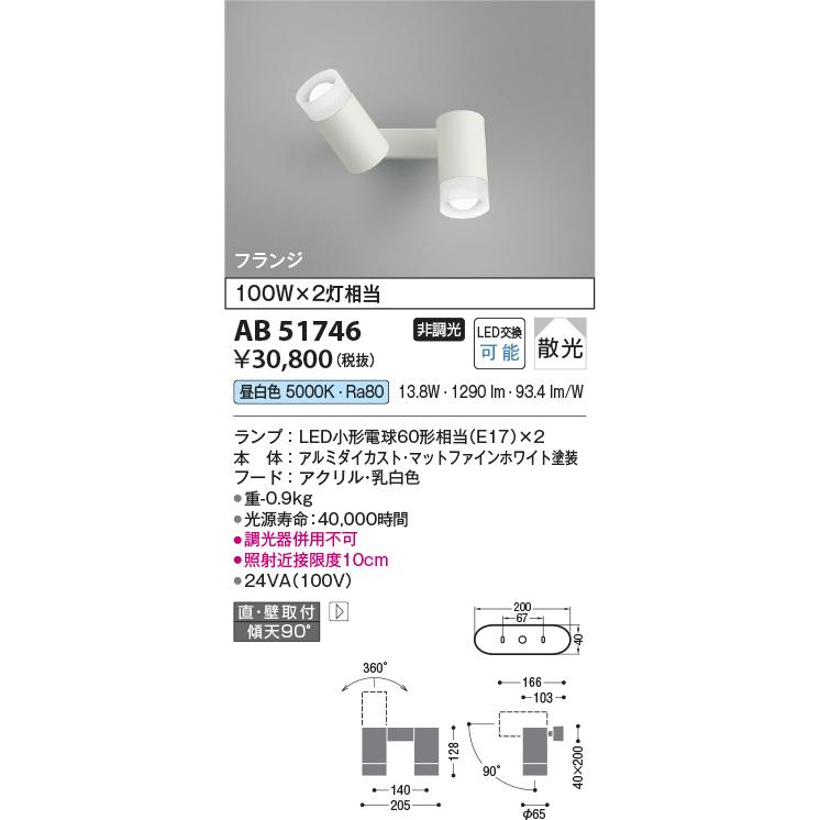 コイズミ照明 AB51746 LEDスポットブラケットライト 昼白色 白熱球100W×2灯相当 散光 直付 壁付 傾斜天井対応 フランジ 非調光_1