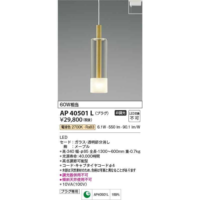 AP40501L ペンダントライト LED一体型 非調光 60W相当 KOIZUMI（コイズミ） コイズミ照明 AP40501L LED一体型 ペンダント