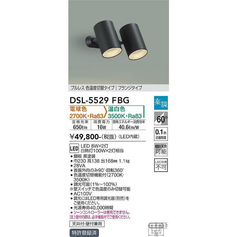 大光電機 DSL-5529FBG LEDスポットライト 吹抜け・傾斜天井用 楽調 2色温度切替調光 フランジ 要電気工事 白熱灯100W×2灯相当 照明器具 天井付・壁付兼用_1