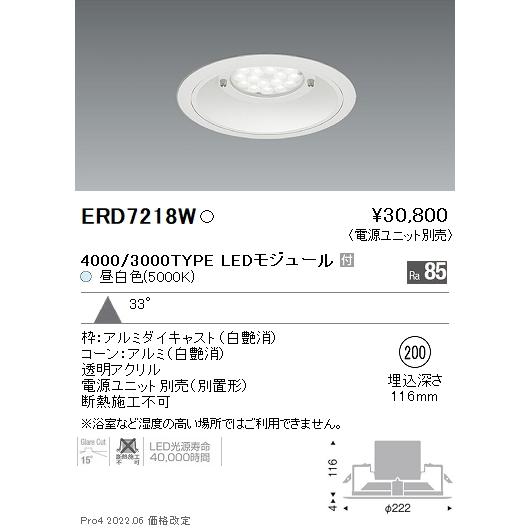 遠藤照明 施設照明 LED軒下用ベースダウンライト Rsシリーズ 埋込穴φ200 4000/3000タイプ 33°広角配光 昼白色 ERD7218W