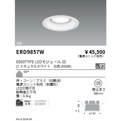 遠藤照明 ERD9857W LEDZ ARCHI ベースダウンライト 浅型白コーン 6500タイプ メタルハライドランプ250W相当 埋込穴φ125 本体のみ 60°拡散配光 高演色 白色_1