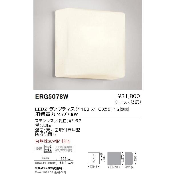 遠藤照明 ERG5078W STYLISH LEDZ アウトドアブラケット/シーリングライト 壁面・天井面取付兼用 本体のみ ランプ別売 Disk100 防湿防雨形 施設照明_1