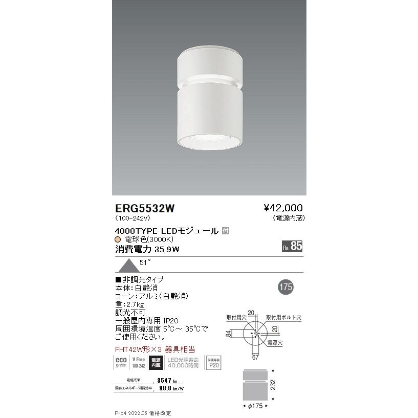 遠藤照明  施設照明 LEDシーリングダウンライト Rsシリーズ FHT42W×3器具相当 4000タイプ 51°超広角配光 電球色 非調光 ERG5532Wの画像