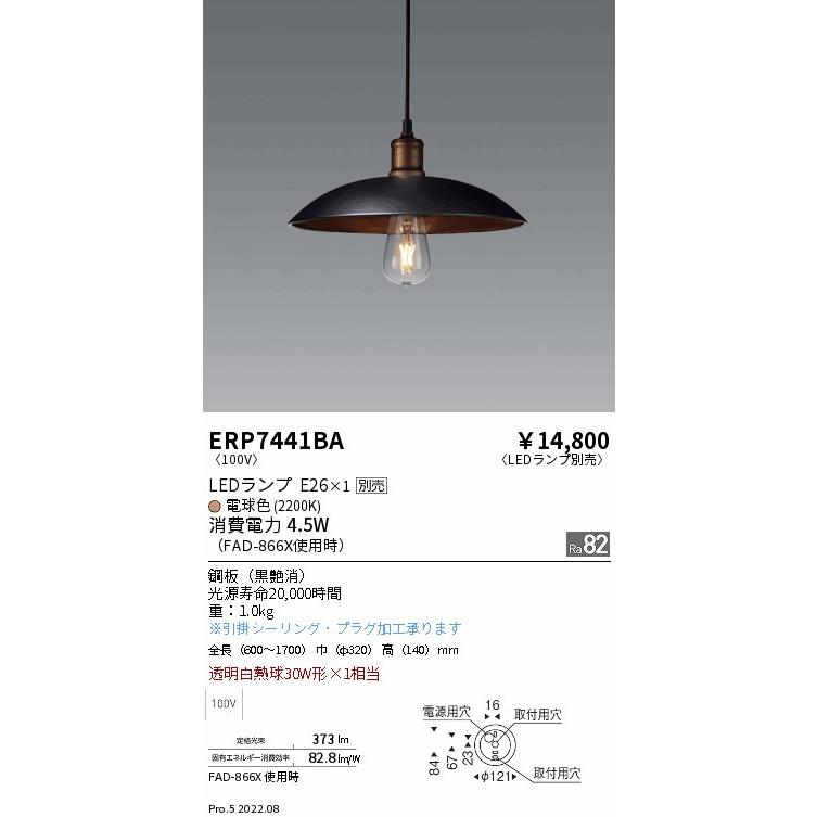 遠藤照明 ERP7441BA LEDZ LAMP ペンダントライト 本体のみ ランプ(E26
