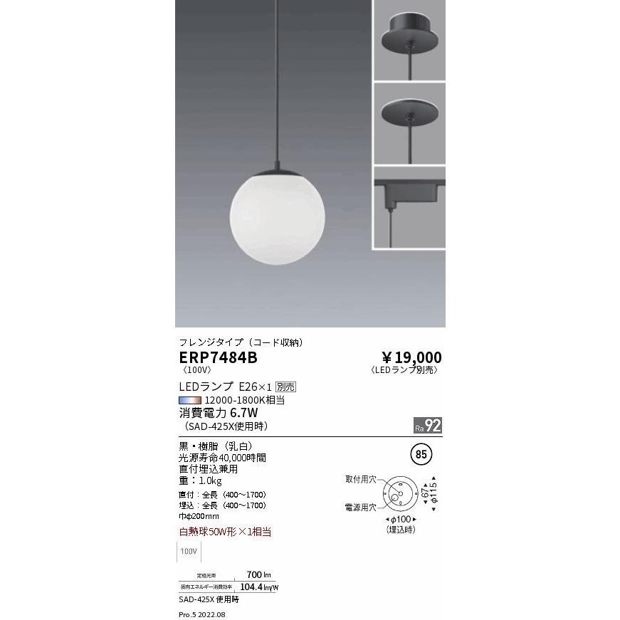 LEDペンダントライト ランプ別売 ERP7484B 遠藤照明 ERP7484B LEDZ LAMP enwa ペンダントライト 直付埋込兼用