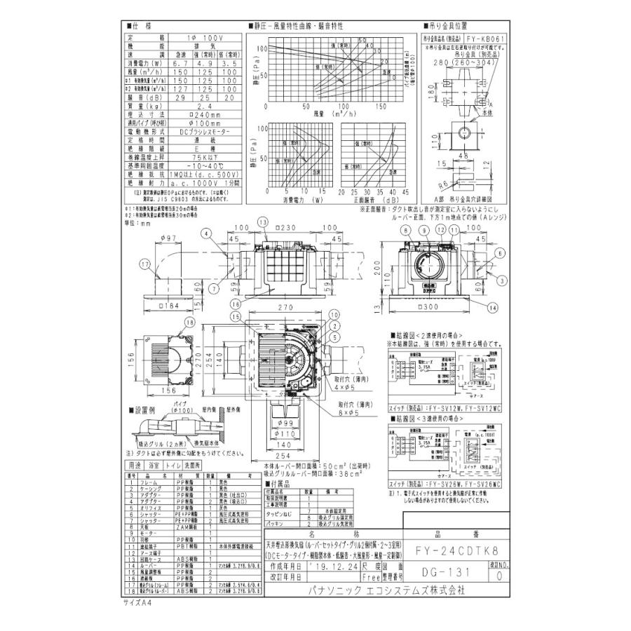 パナソニック　FY-24CDTK8　天井埋込形換気扇　＜DCモーター＞2〜3室換気用　低騒音形　浴室　トイレ　洗面所用　風量一定制御　大風量形　ルーバーセット