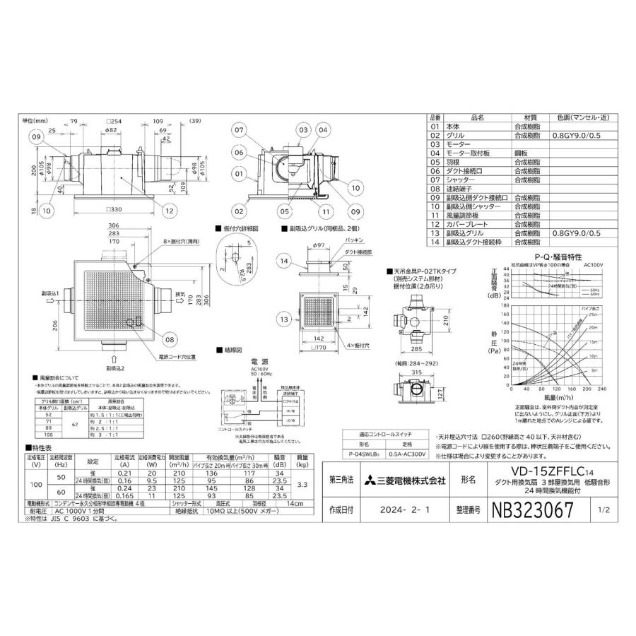 三菱（MITSUBISHI） 三菱電機 VD-15ZFFLC14 ダクト用換気扇 天井埋込形