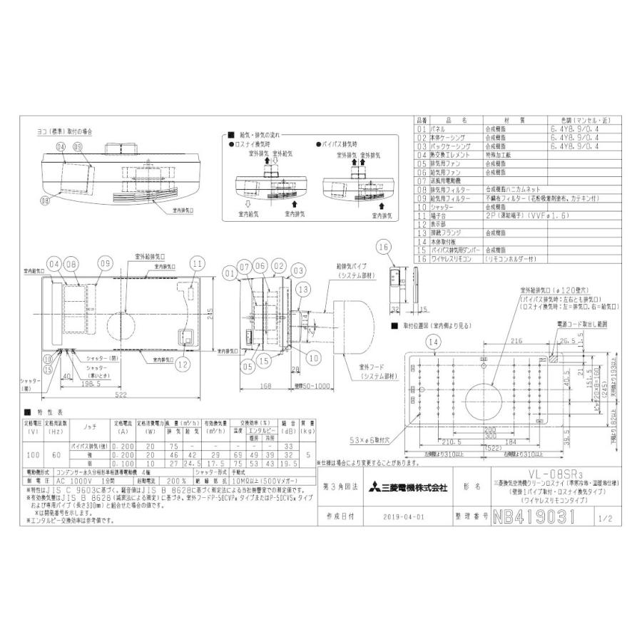 三菱 三菱電機 VL-08SR3 住宅用 ロスナイ 準寒冷地・温暖地仕様