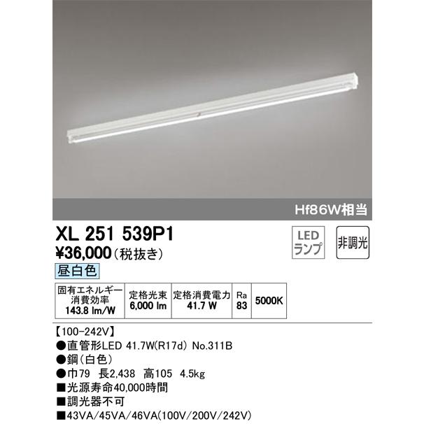 オーデリック XL251539P1 LED-TUBE 高効率直管形LEDランプ専用ベースライト 直付型 110形 トラフ型 1灯用 6000lm 非調光 昼白色 Hf86W相当  施設照明 商業施設