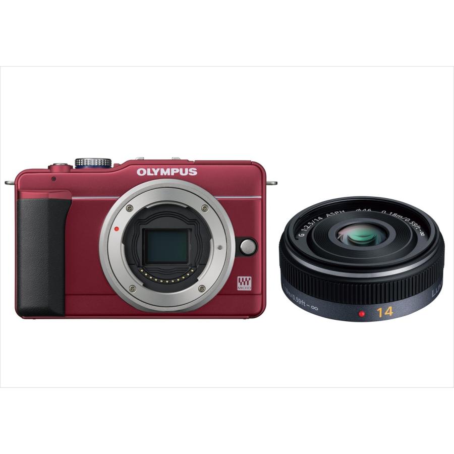 オリンパス OLYMPUS E-P1S レッドボディ パナソニック 14ｍｍ 2.5 単焦点 パンケーキ レンズセット ミラーレス一眼 中古 カメラ