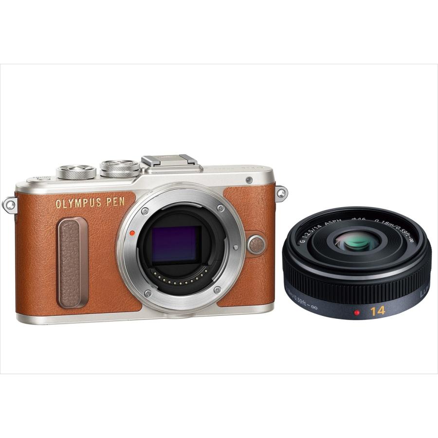 オリンパス OLYMPUS E-PL8 ブラウンボディ パナソニック 14ｍｍ 2.5 単焦点パンケーキ レンズセット ミラーレス一眼 中古