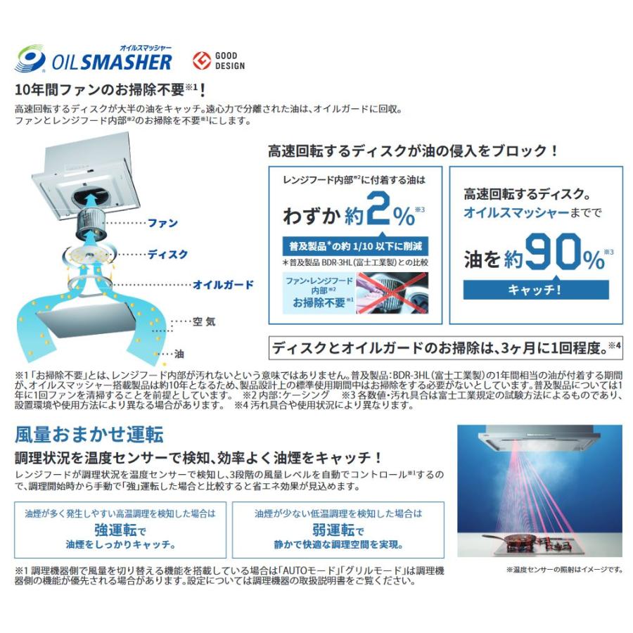 富士工業 レンジフード プレミアムプラス シロッコファン 壁面取付タイプ 間口750mm オイルスマッシャー 風量おまかせ運転 前横幕板別売 CLRL-ECS-752R/L SI_1