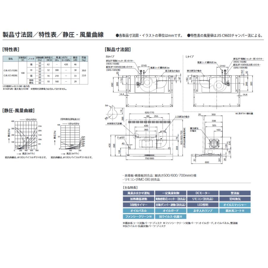 富士工業 レンジフード プレミアムプラス シロッコファン 壁面取付タイプ 間口750mm オイルスマッシャー 風量おまかせ運転 前横幕板別売 CLRL-ECS-752R/L SI_2