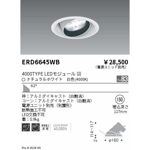 遠藤照明 ERD6645WB テクニカルライト LEDZ ARCHI ユニバーサルダウンライト 4000タイプ  セラメタプレミアS70W相当 埋込穴φ150 本体のみ 62°超広角配光 白色の画像